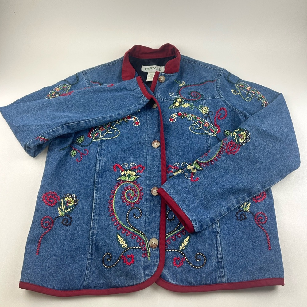 Orvis SZ S VTG WMNS Blue Washed Embroidered Button Front Pocket Denim Jacket - Picture 3 of 7